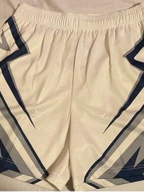 Bravest Studios White Mesh Shorts with Navy Blue and Grey Logo